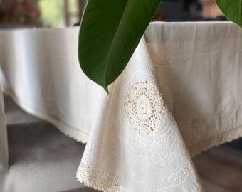 Secret Sea Collection - Antique Series Handmade Embroidery and Lace Decorated Small Tablecloth - Natural Linen - 53" x 53" (140 x140 cm)