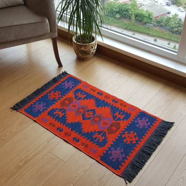 Secret Sea Collection, Modern Bohemian Style Small Area Rug, 60x90 cm,  2' x 3' ft, Cotton, Washable, Reversible (Navy Blue-Orange)