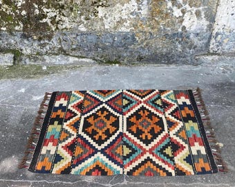 Handmade Mohair Wool Rug: Anatolian Kilim, Boho Decor 62x92 cm / 2x3 ft