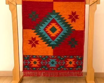 Secret Sea Collection, Mexican Style Area Rug & Runner, Washable Durable 100% Cotton (2.5' x 6' feet, 75 x175 cm, Red-Orange-Turquoise)