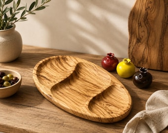 Olive Wood Serving Tray – Handmade Divided Snack & Breakfast Plate – Rustic Oval Wooden Serving Dish