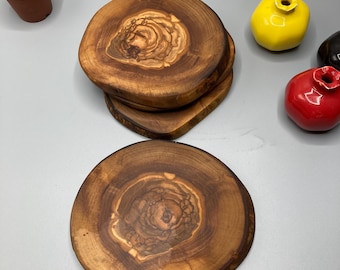 Handmade Olive Wood Coasters – Rustic Natural Wood Drink Coaster Set – Farmhouse Table Decor (2 pieces)