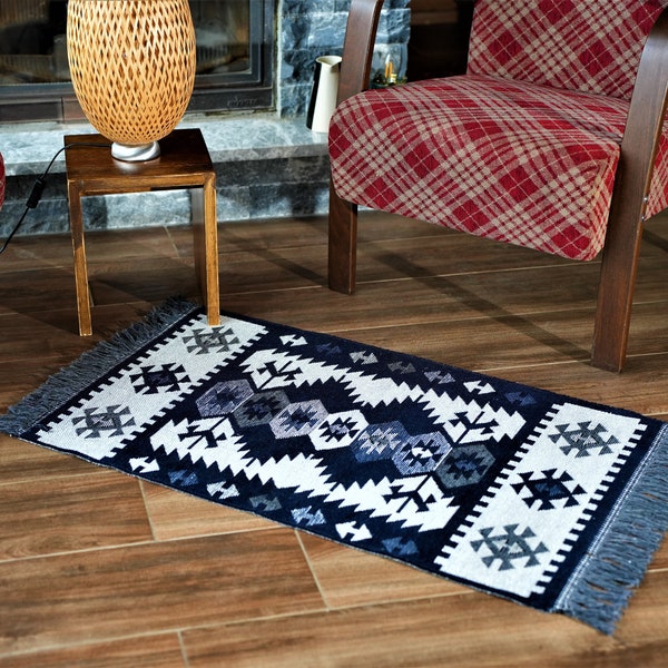 Secret Sea Collection, Modern Bohemian Style Small Area Rug, 60x90 cm,  2' x 3' ft, Cotton, Washable, Reversible (Grey-Black)