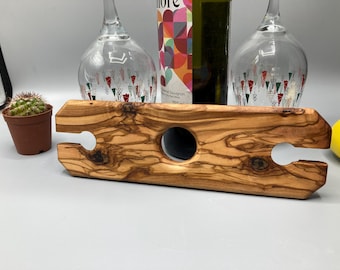 Olive Wood Wine Glass Holder – Handmade Wine Bottle Topper – Rustic Wine Serving Board – Wooden Wine Lover Gift