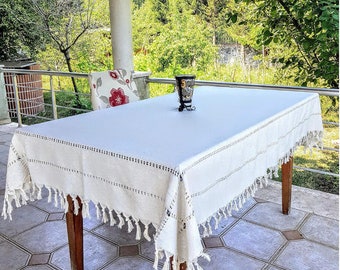 Secret Sea Collection Antique Series Handmade Tablecloth Decorated with Blue Beads - 100% Cotton Rectangular (53" x 82") (140 x 220 cm)