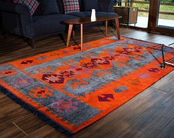 Secret Sea Collection, Modern Bohemian Style Small Area Rug, 160x250 cm,  5' x 8' ft, Cotton, Washable, Reversible (Charcoal Grey-Orange)