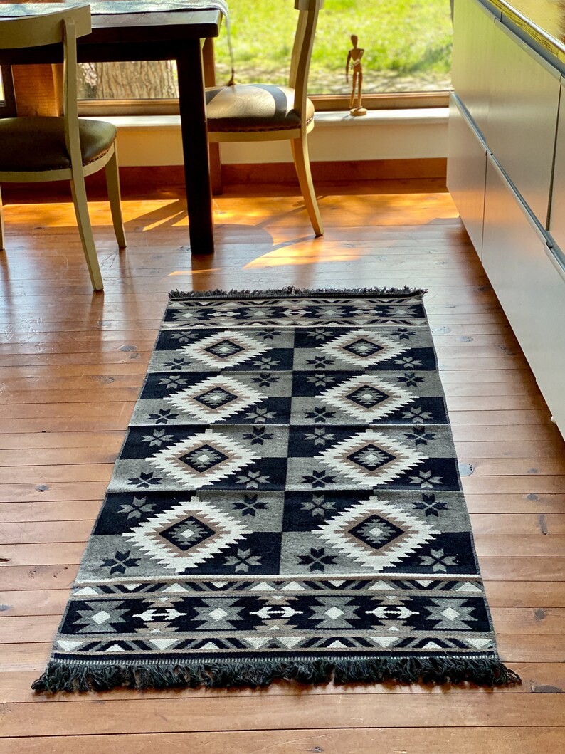 Secret Sea Collection, Mexican Area Rug, Reversible, Washable 2.5' x 6' feet, 80x180 cm, Black-Grey image 1