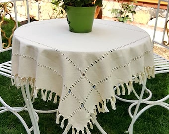 Tovaglia in cotone turco fatta a mano: decorazione boho con perline blu, 91 cm x 91 cm