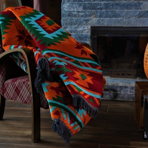 Mexican Style Area Rug - Washable, Reversible, Cotton (120 x 180 cm, 3.6 x 6 feet) Red Orange Turquoise