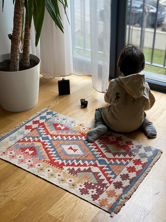 Eternal Flow Kilim Rug: 2x3 ft Red Orange Blue Cotton,Reversible, Washable
