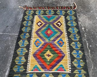 Handmade Mohair Wool Rug: Central Anatolian Kilim, Vintage Design (60x90 cm)