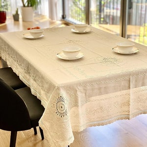 Handmade Embroidery Lace Table Cloth – Natural Linen & Cotton (140 x 220 cm) (53 x 82 inches) Washable Durable