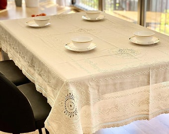 Handmade Floral Embroidery Lace Tablecloth: Natural Linen & Cotton