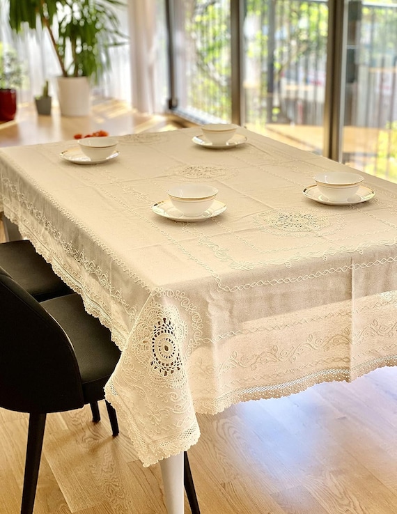 Handmade Floral Embroidery Lace Tablecloth: Natural Linen & Cotton 53x82 inches — Secret Sea Collection