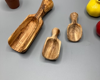 Handmade Olive Wood Scoop Set – Rustic Wooden Coffee Scoop – Natural Kitchen Scoop – Olive Wood Salt & Spice Spoon