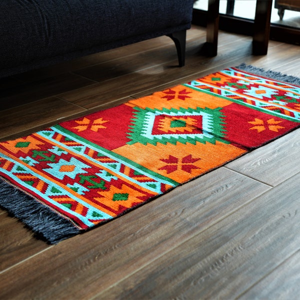 Tapis de style mexicain Secret Sea Collection - 2 x 4 pieds - (60 x 120 cm) rouge, orange et turquoise