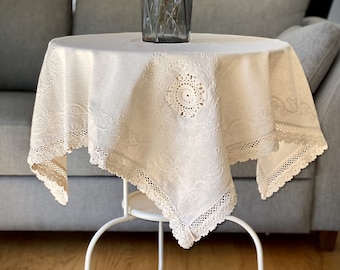 Embroidered Linen Cotton Tablecloth: Handmade Lace Edge, Ivory Beige 36&quot; Square 90x90 cm
