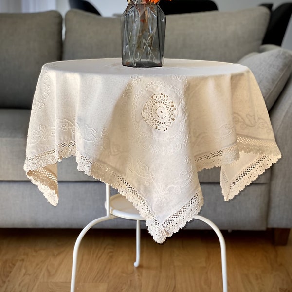 Secret Sea Collection - Antique Series Handmade Embroidery and Lace Decorated Small Tablecloth - Natural Linen - 36" x 36" (90 x 90 cm)