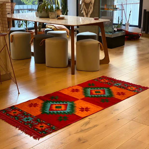 Collection Secret Sea, carpette et chemin de table de style mexicain, lavables et durables 100 % coton (2,5 x 6 pi, 75 x 175 cm, rouge-orange-turquoise)