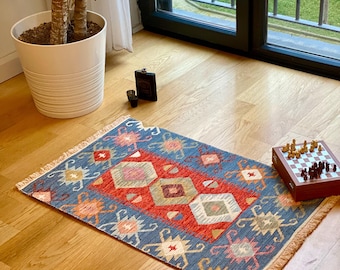 Antique Birds Kilim Rug: Reversible Cotton Washable (3x5 ft) 80x150 cm