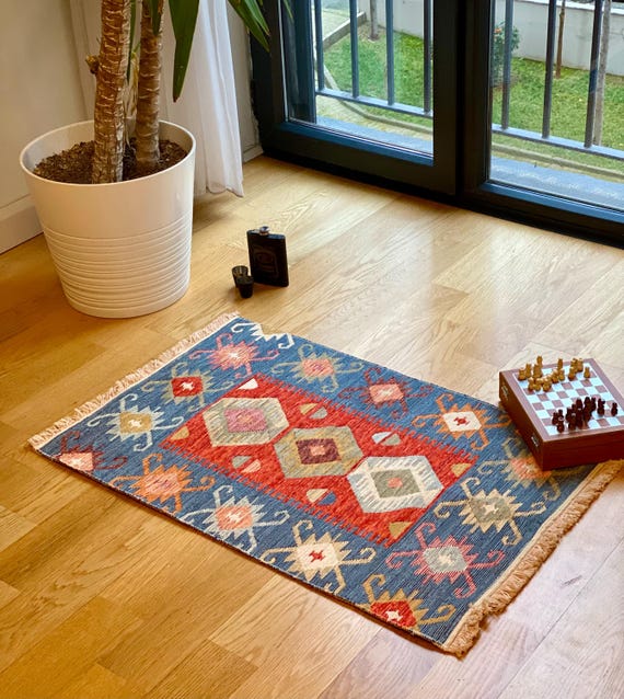 Antique Birds Kilim Rug: Reversible Turkish Cotton Rug, Washable (2x3 ft / 60x90 cm)