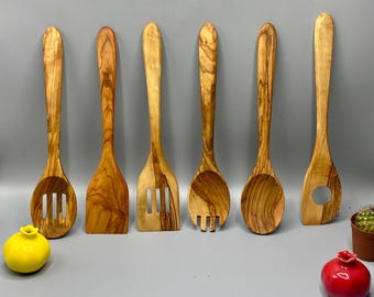 Handmade Olive Wood Utensil Set – Rustic Wooden Kitchen Tools – Natural Pasta Set – Unique Housewarming Gift (6 pieces)