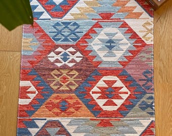 Kilim Cotton Area Rug: Ram's Head Motif, Modern Accent (2x3 ft)