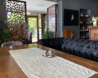 Handmade Floral Embroidery Lace Table Runner: Natural Linen Cotton