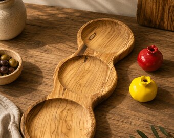 Olive Wood Serving Tray – Handmade Divided Snack & Breakfast Plate – Rustic Oval Wooden Serving Dish