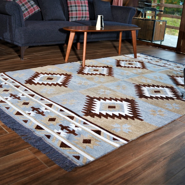 Secret Sea Collection Mexican Style Area Rug - Washable, Reversible, Cotton (5 x 8 feet, 150x250 cm, Brown-Grey)