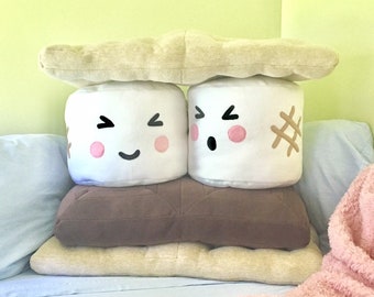 S'mores Giant Pillow Set, Camping Decor, Rustic Kids Decor, Woodland Kids Decor, Kawaii Plush, Food Pillows