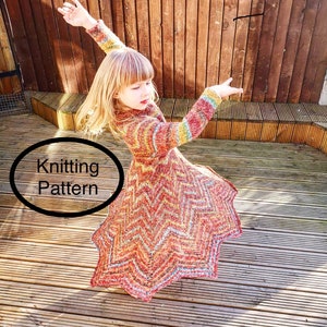 PDF Knitting PATTERN only.Little Miss Twirl Dress.Top down knitted dress,long sleeve,turtleneck,seamless knitting pattern.One size 6/8y. image 1