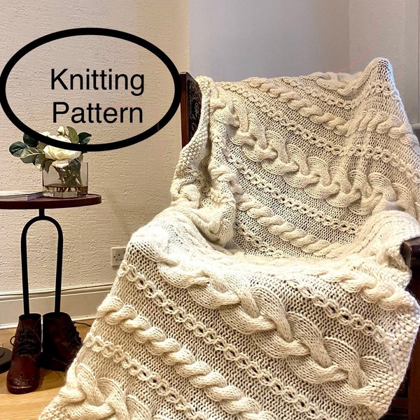 PDF knitting pattern only.Cable Here Cable There Blanket.Chunky bedspread,throw,afghan,bed cover pattern.Christms,birthday,housewarming gift