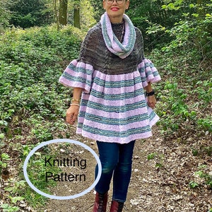 May include: A woman wearing a striped knitted poncho with a ruffled hem and a matching knitted scarf. The poncho is in shades of pink, green, and gray. She is wearing blue jeans and brown boots. The image includes the text "Knitting Pattern".