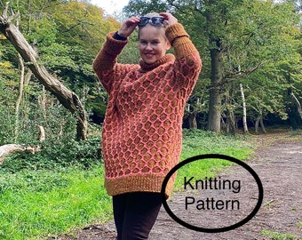 PDF knitting pattern.Oversized Honeycomb Tunic.Hand knitted long, chunky,dropshoulders,rolled neck,sleeves,honeycomb tunic knitting pattern.