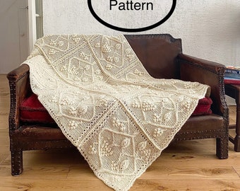 PDF knitting pattern in English.Vine Trellis Afghan.Lap blanket,throw,bedspread pattern.Knitted in squares,joined.Charts and instructions.