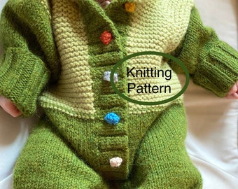 PDF knitting pattern.Hand knitted chunky colourful romper,overal for baby 1-3 month.Hand knitted baby romper with unrolled cuffs, legs .