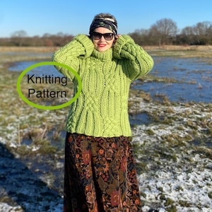 PDF knitting pattern.Play With Cables Pullover.Long rolled sleeves, dropped shoulder, rolled neck, chunky sweater for women