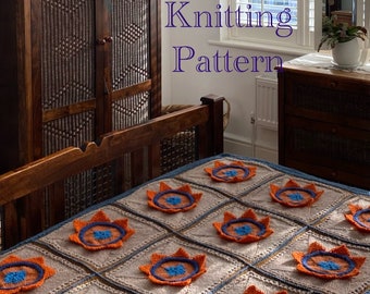 PDF knitting pattern only in English.Lotus Patchwork Afghan.Simple stitches used.Pattern with photos,chart,writen instructions,diagram.