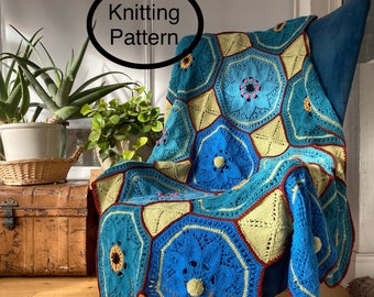 PDF knitting pattern in English only.Flowery Afghan.Multicolour knitting.Knitted octagon and square motifs joined in one,to make afghan.