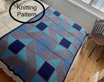 PDF knitting pattern only.Windmill Patchwork Afghan.Hand knitted in squares,using C2C technique.Blanket,throw,bedspread knitting pattern.