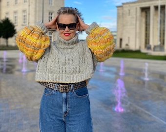 Hand knitted chunky oversized crop pullover-simple street style design,dropped shoulders,long balloon style sleeves,high rolled neck.SizeM-L