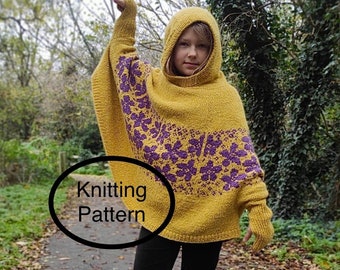 PDF knitting pattern in English only.HOODY PONCHO.Sizes 9-11 & 11-13 years.Poncho,seamless,knitted top down.Flowery chart and instructions.