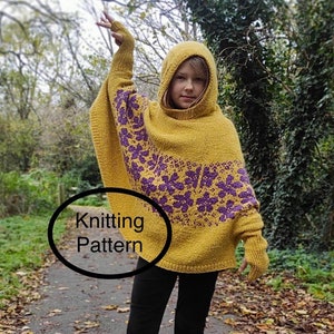 PDF knitting pattern only.HOODY PONCHO.Sizes 9-11 & 11-13 yrs.Hand knitted poncho,seamless,knitted top down.Flowery chart and instructions.