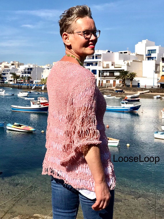 Pink/candy sweater.Loose Loops knit. Boho style.Beach cover up.