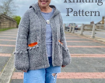 PDF Knitting pattern only.Marled Hoody Cardigan.Sizes XS/S,M,L/XL.Clear instructions,photos how to work pockets.Hand knitting unisex pattern