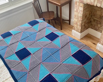 Windmill Patchwork Afghan/Blanket/Throw/Bedspread.Hand knitted square motifs joined in one cosy snuggle.Housewarming,birthday,Christmas gift