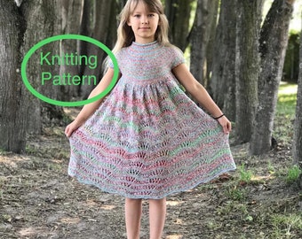 PDF KNITTING pattern only.Girl lacy dress hand knitted. Seamless,knitted top down.Easy to follow chart and instructions.