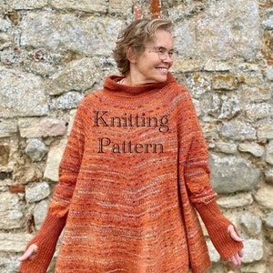 PDF knitting pattern only.Rustic Hoody Poncho Sweater Knitting pattern.One size- oversize.Flattering look for any body shape.Thumbhole Cuffs