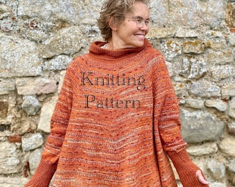PDF knitting pattern in English only.Rustic Hoody Poncho Sweater Knitting pattern.One size- oversize for any body shape.Thumbhole, Cuffs.